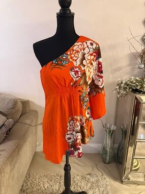 Cache One-Shoulder Orange Floral silk Dress M